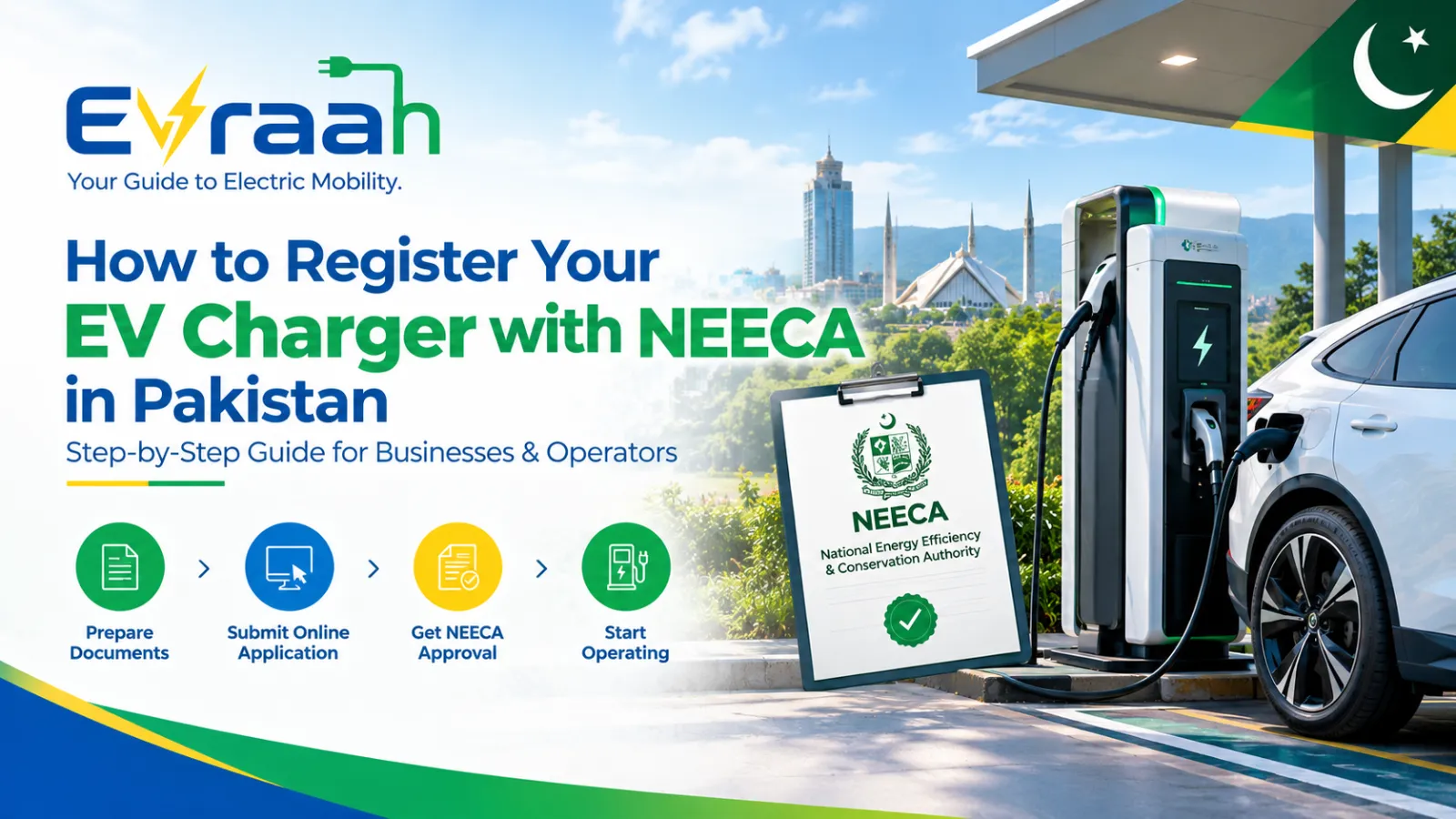 EV charging station with an electric vehicle and NEECA registration information in Pakistan.