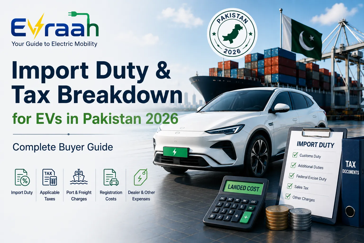 Electric vehicle import duty and tax breakdown in Pakistan 2026 showing EV costs, customs duty, and government taxes