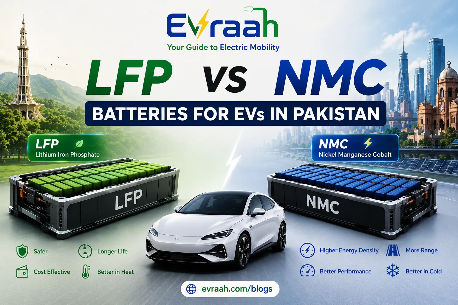 LFP vs NMC batteries for EVs in Pakistan, comparing lithium iron phosphate and nickel manganese cobalt battery technologies, with Evraah branding and electric vehicle battery illustrations.
